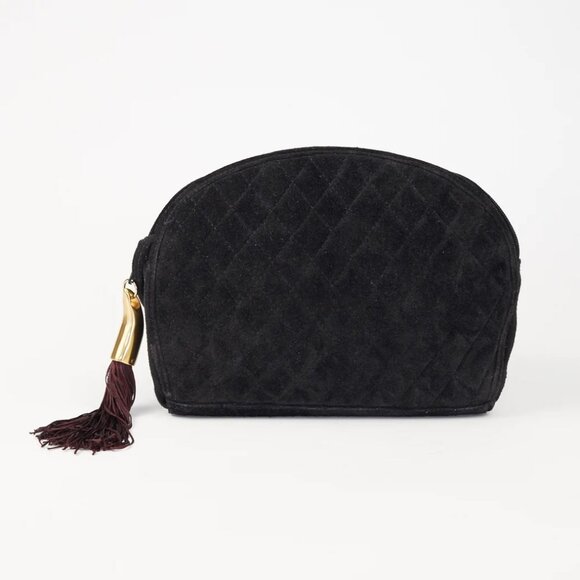 Nordstrom 1980s Vintage Italian Black Quilted Suede Tassel Tusk Shoulder Bag - Picture 2 of 4